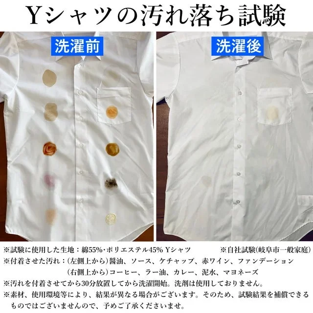 Yシャツに様々な種類の汚れを付着させ、洗剤を使わずに洗濯した際の汚れ落ちを比較する試験結果の画像です。洗濯前と洗濯後の状態が左右に並べて表示されています。