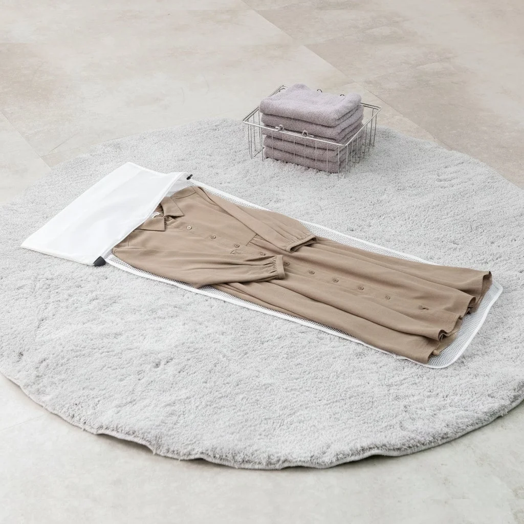 ベージュのドレスが白い洗濯ネットに入れられ、グレーの円形ラグの上に置かれています