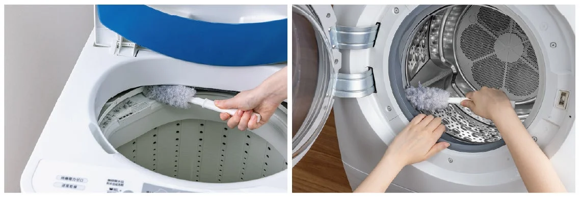 縦型とドラム式の両方の洗濯機で、専用ブラシを使って洗濯槽の縁やドアのゴムパッキンの汚れを丁寧に掃除している様子